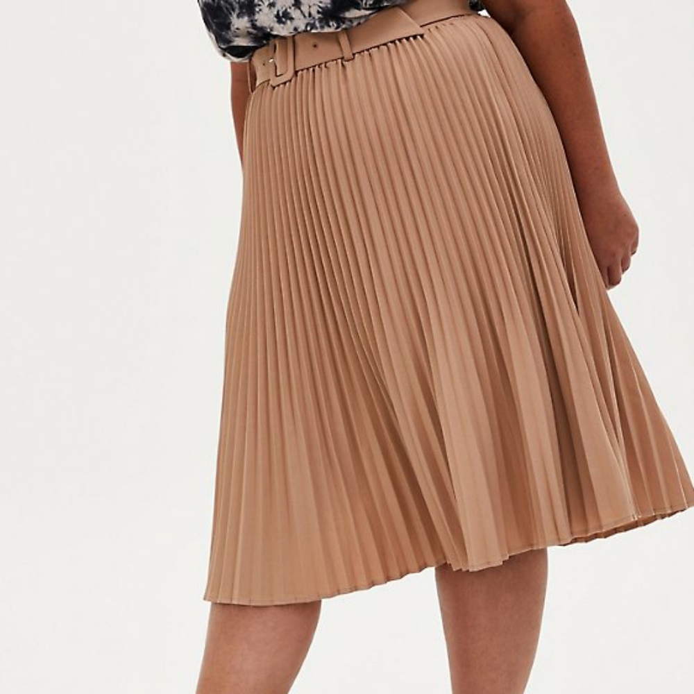 Torrid Camel Belted Accordion Pleat Midi Skirt